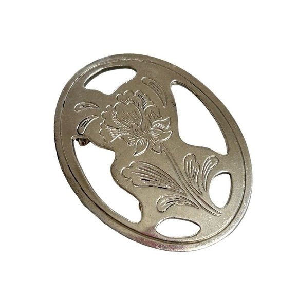 Vintage Signed Kirk Stieff Pewter Brooch Pin Etched Floral 2.25" - Picture 6 of 6